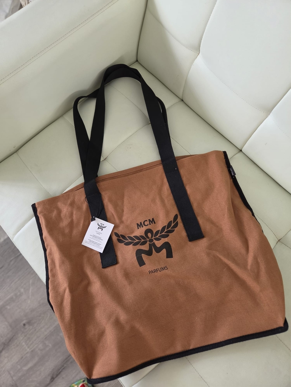 MCM Brown Canvas Tote Bag with Black Straps
